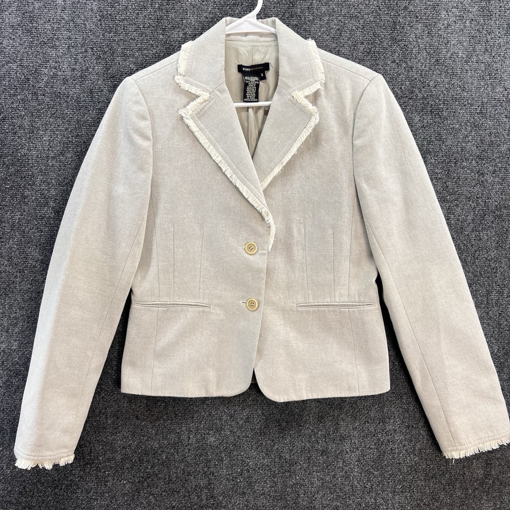 VTG - BCBGMAXAZRIA Women's Distressed Blazer Jacket Size 6 Beige Raw Edge Cotton